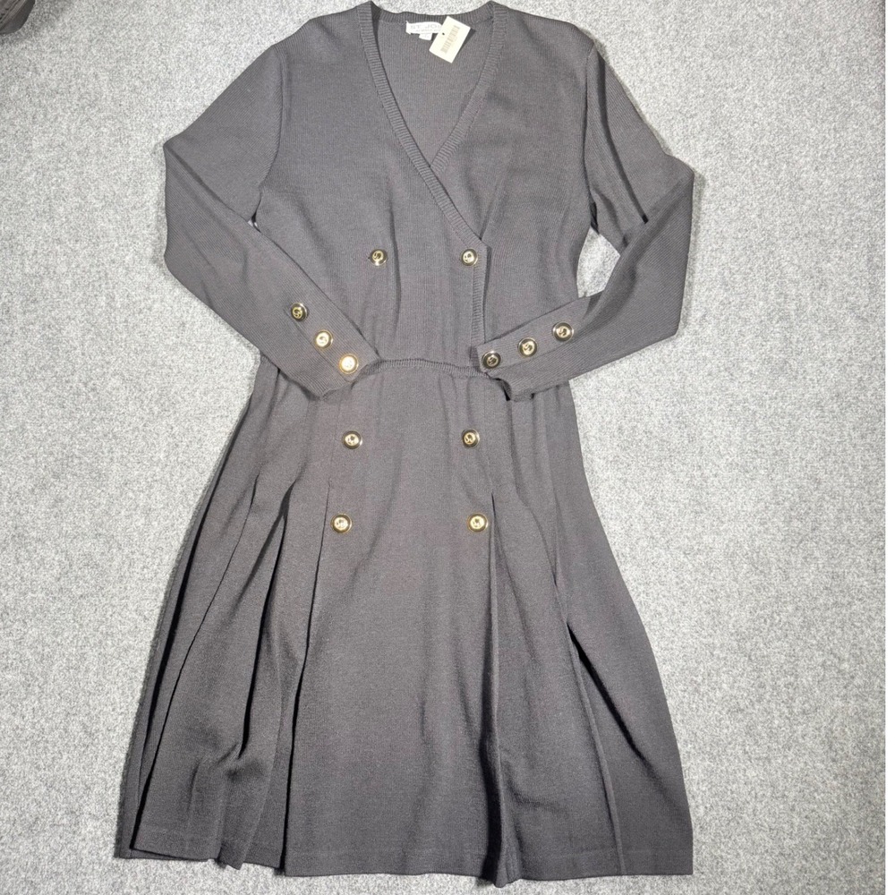 St John by Marie Gray Black Knit Dress Size 14 Gold Buttons Double Breasted NWT